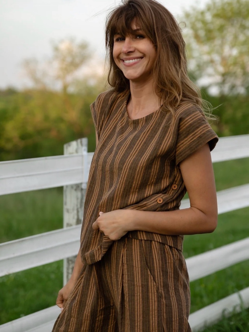 Katie Handwoven Cotton Shirt in Brown and Mustard Stripe